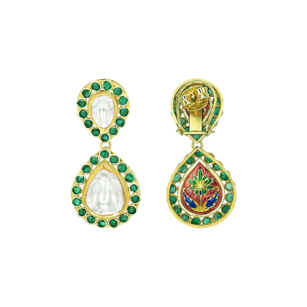 Polki Teardrop Earrings with Emerald Colour Full-Cut Stones